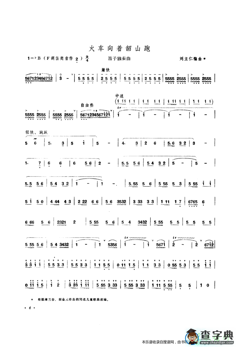 笛子简谱：火车向着韶山跑
