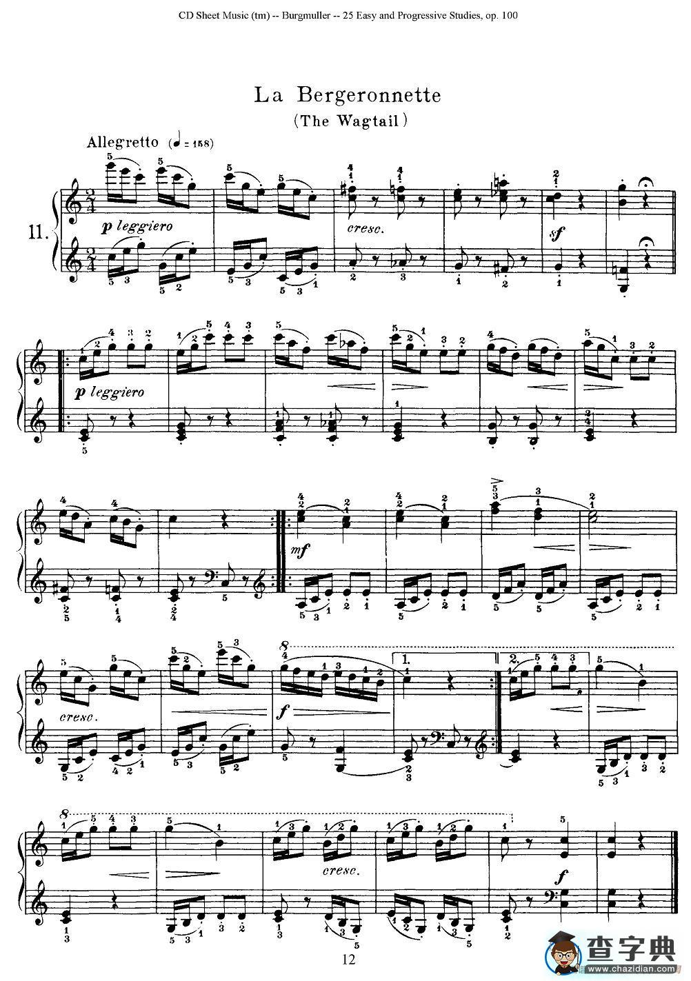 布尔格缪勒-25首钢琴进阶练习曲 Op.100（11、鹡鸰）钢琴谱