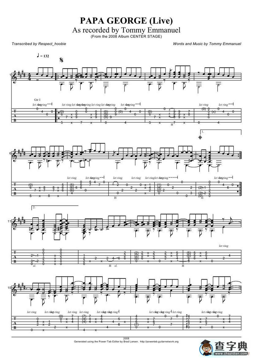 tommy emmanuel： papa george version（指弹吉它）吉他谱