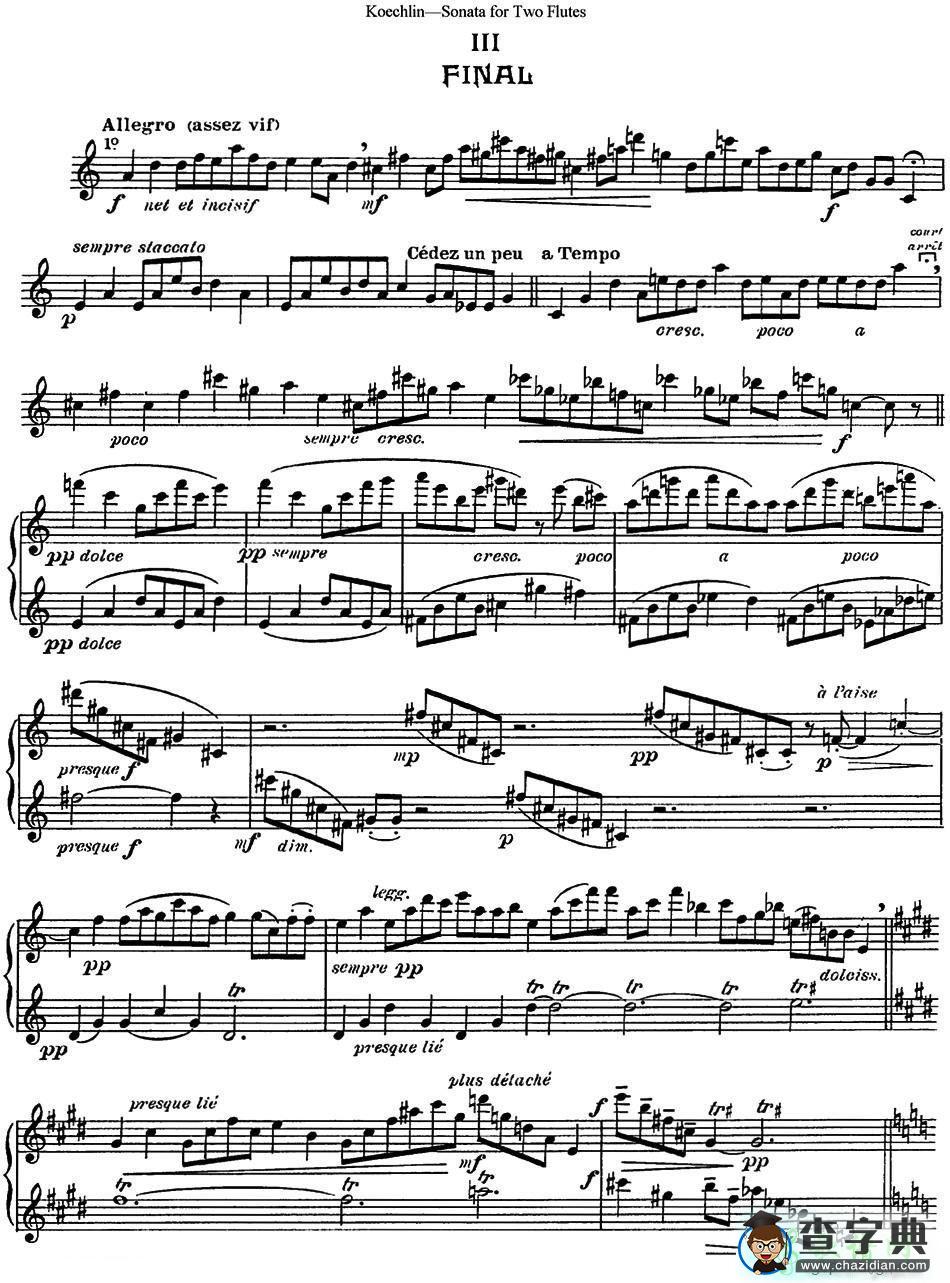长笛谱：考埃琳双长笛奏鸣曲（NO 3）
