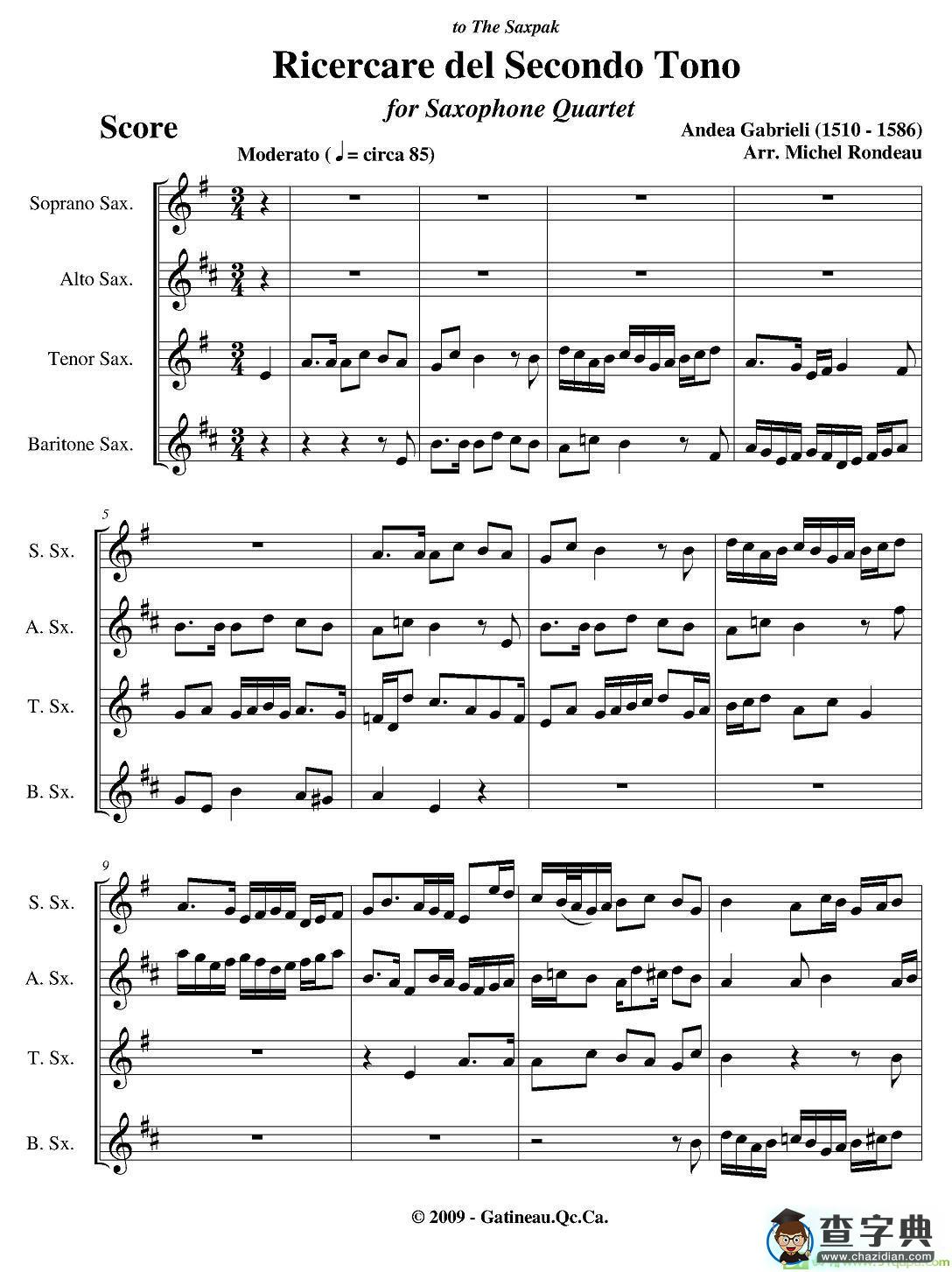 Ricercare del Secondo Tono萨克斯谱