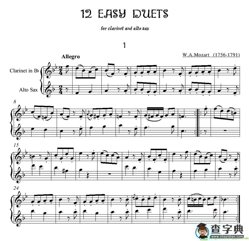 12首单簧管萨克斯重奏之一萨克斯谱(莫扎特作曲)