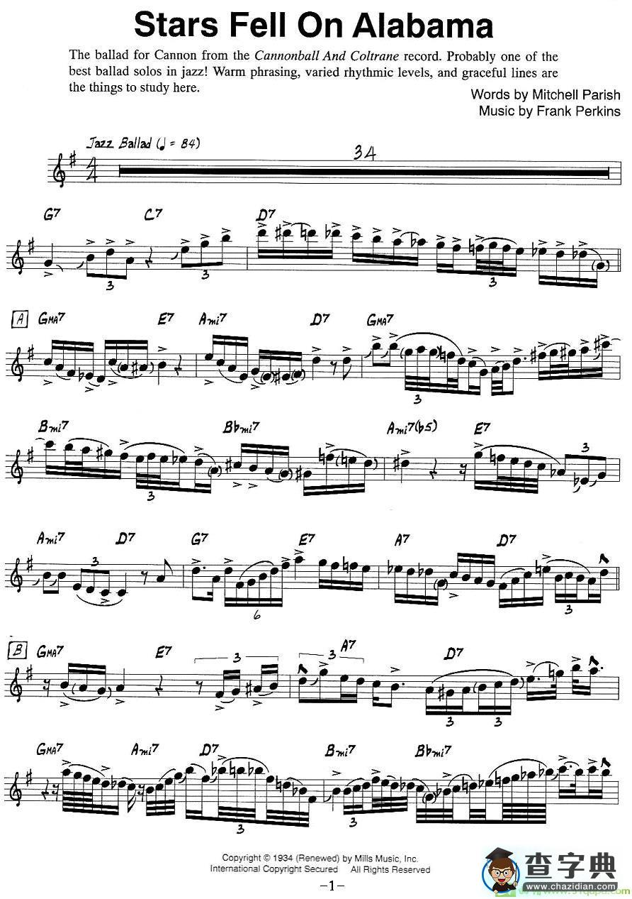 Stars Fell On Alabama萨克斯谱