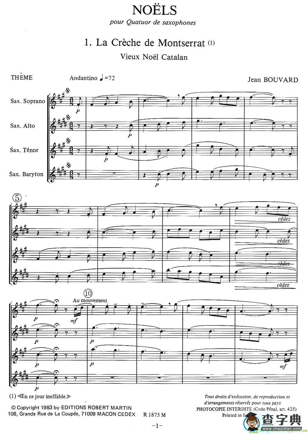 jean Bouvard 编写的6首萨克斯四重奏之一萨克斯谱(jean作曲)