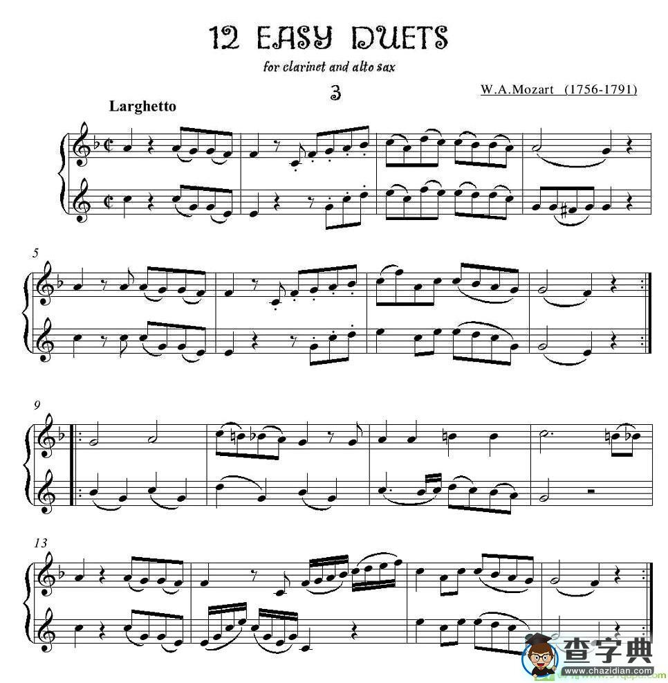 12首单簧管萨克斯重奏之三萨克斯谱(莫扎特作曲)