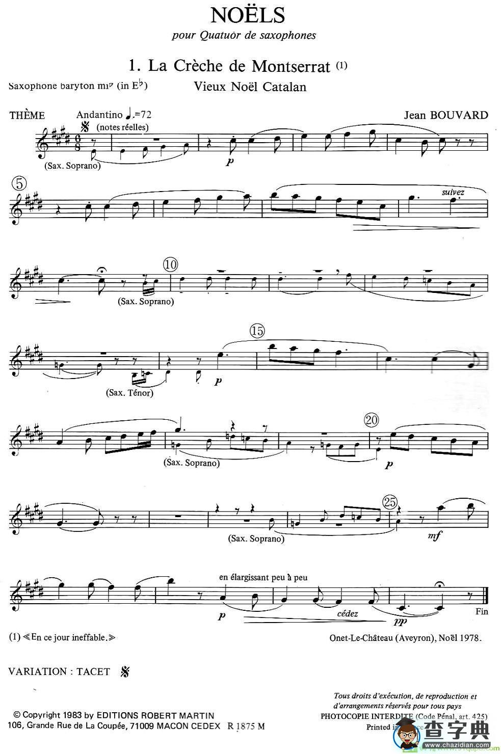 jean Bouvard 编写的6首萨克斯四重奏萨克斯谱(jean作曲)