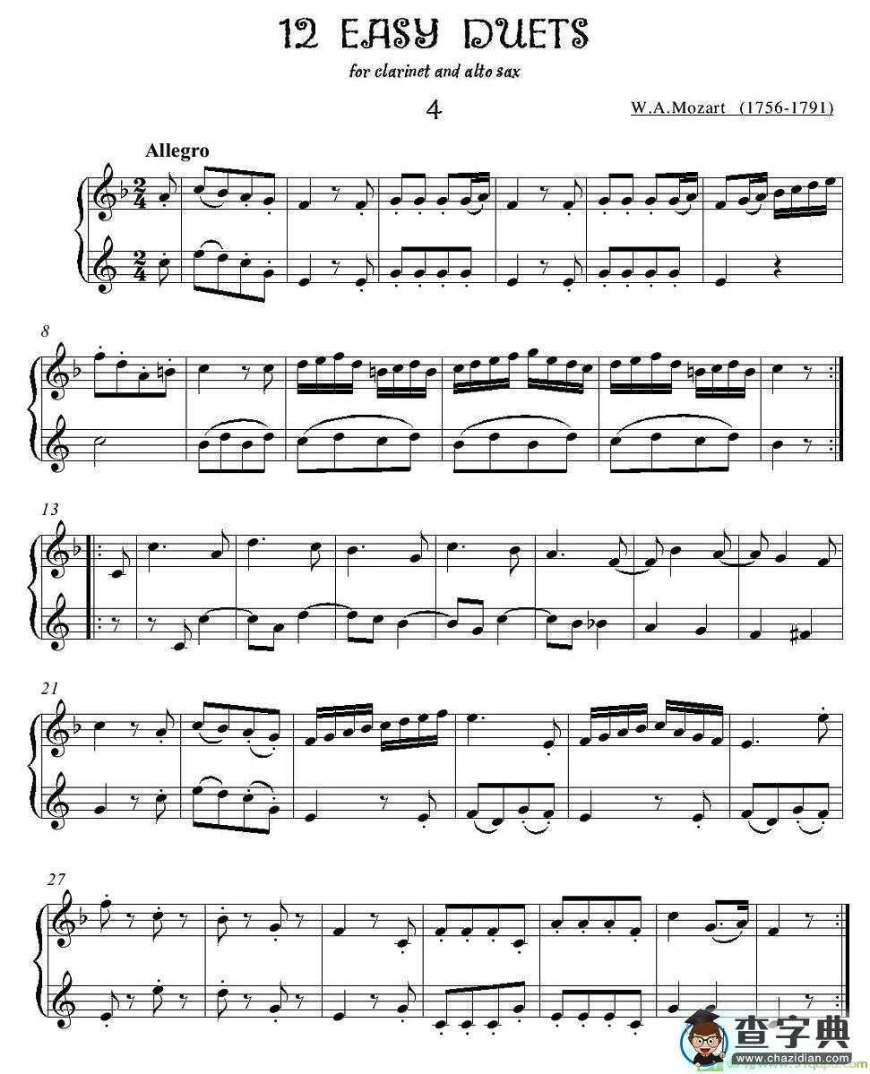 12首单簧管萨克斯重奏之四萨克斯谱(莫扎特作曲)
