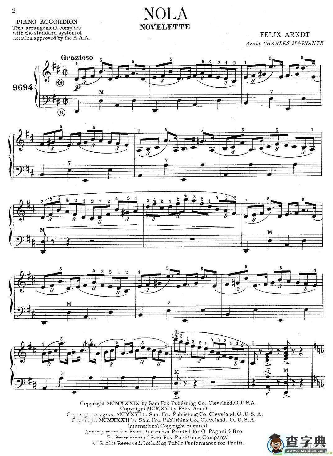 Nola手风琴谱(马格南特（Magnante）改编并配指法作曲)