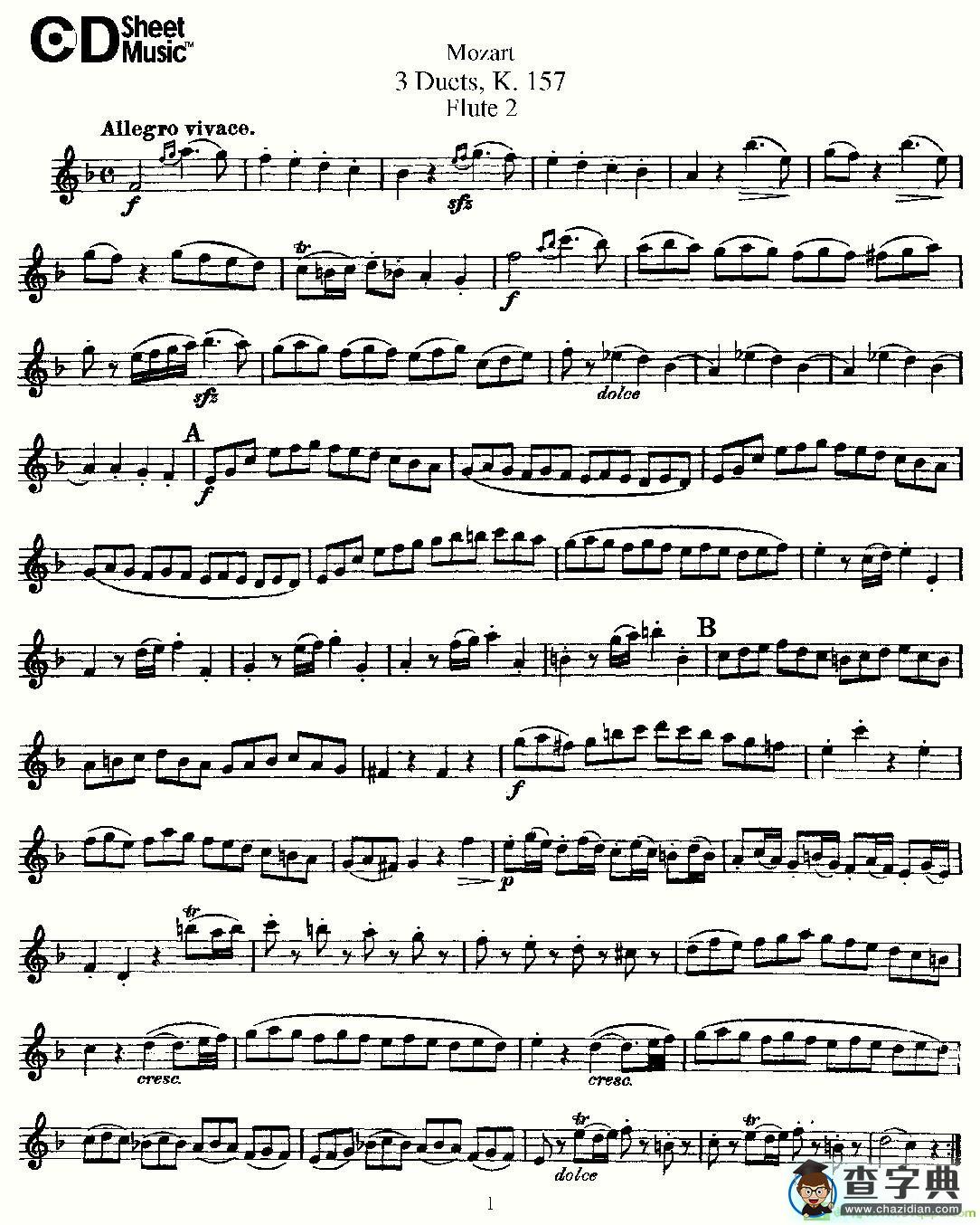 3 Duets K.157 之第二长笛长笛谱(Mozart作曲)