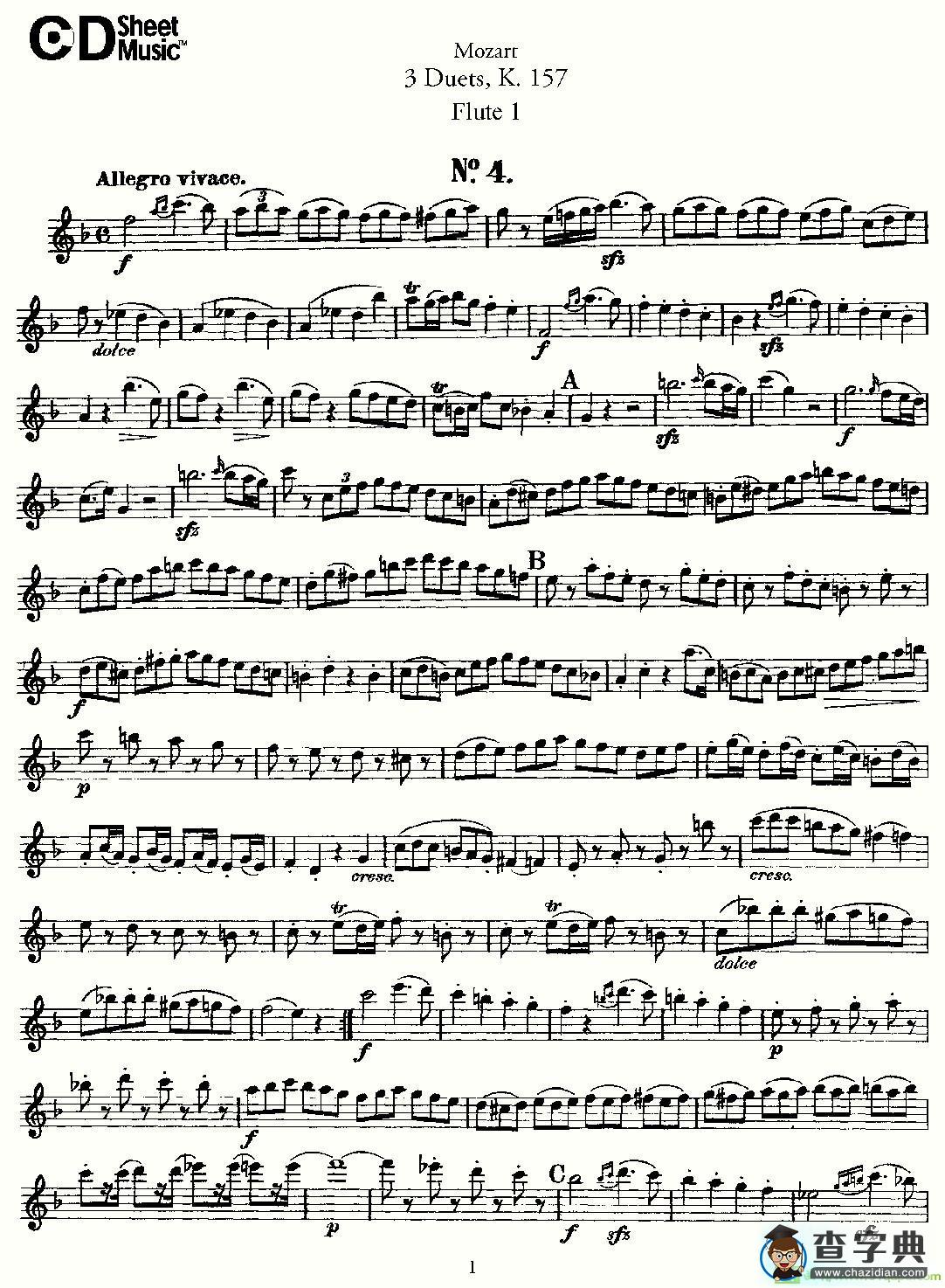 3 Duets K.157 之第一长笛长笛谱(Mozart作曲)