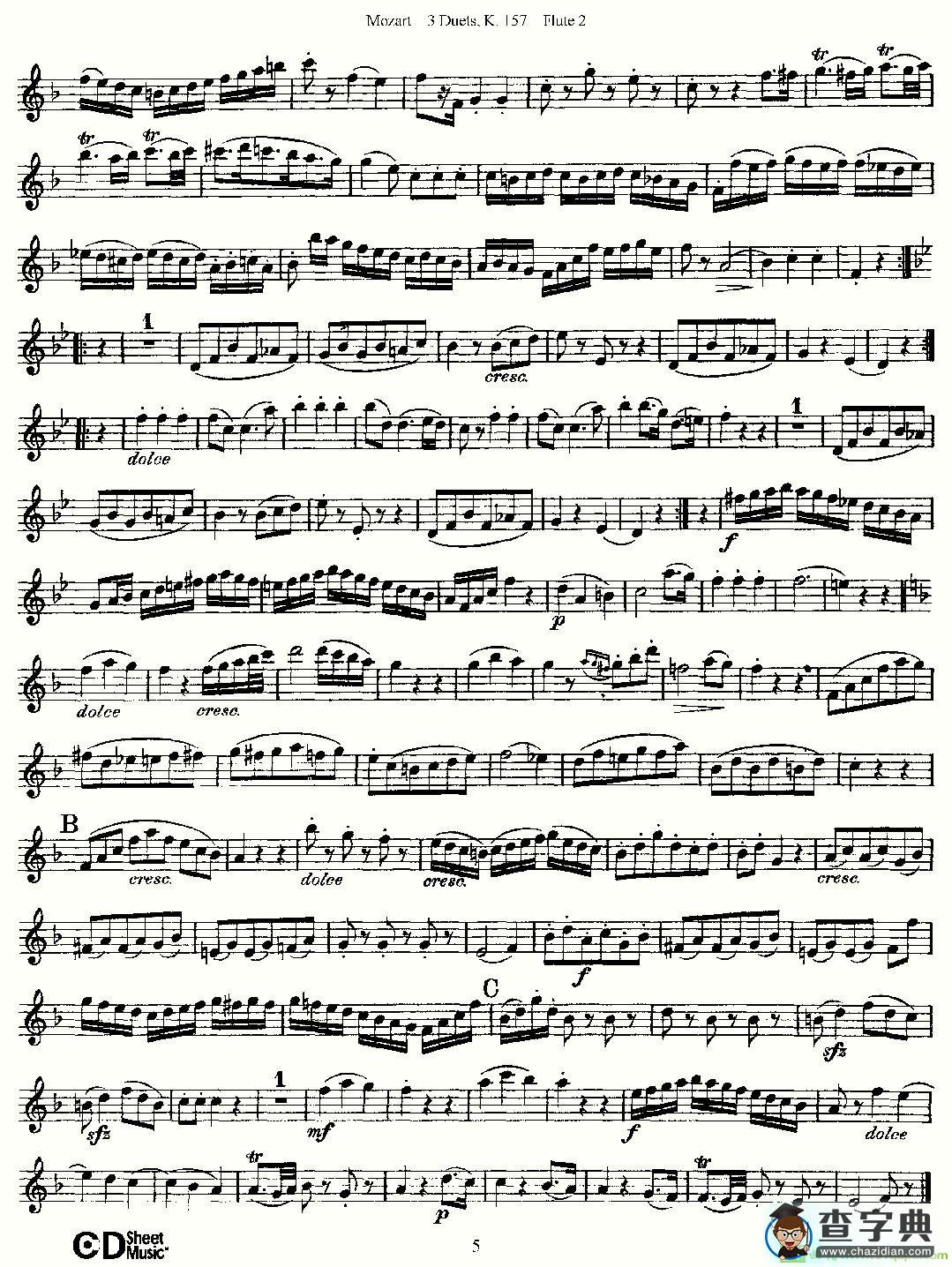 3 Duets K.157 之第二长笛长笛谱(Mozart作曲)