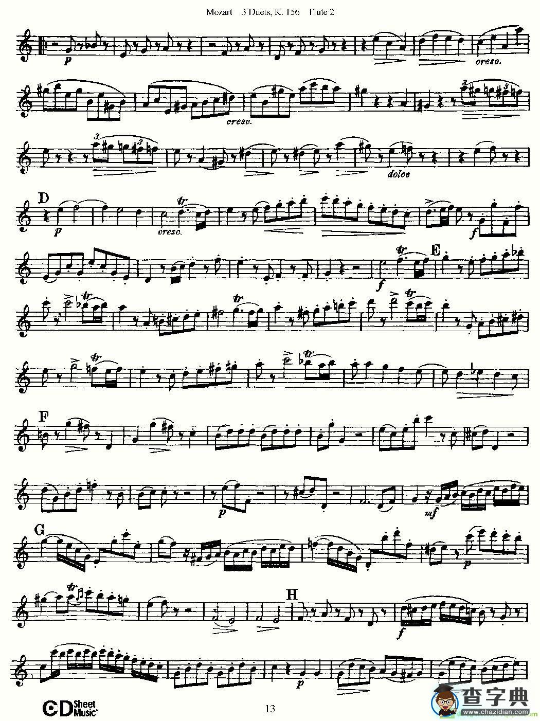 3 Duets K.156 之第二长笛长笛谱(Mozart作曲)