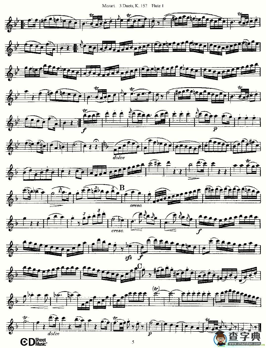 3 Duets K.157 之第一长笛长笛谱(Mozart作曲)