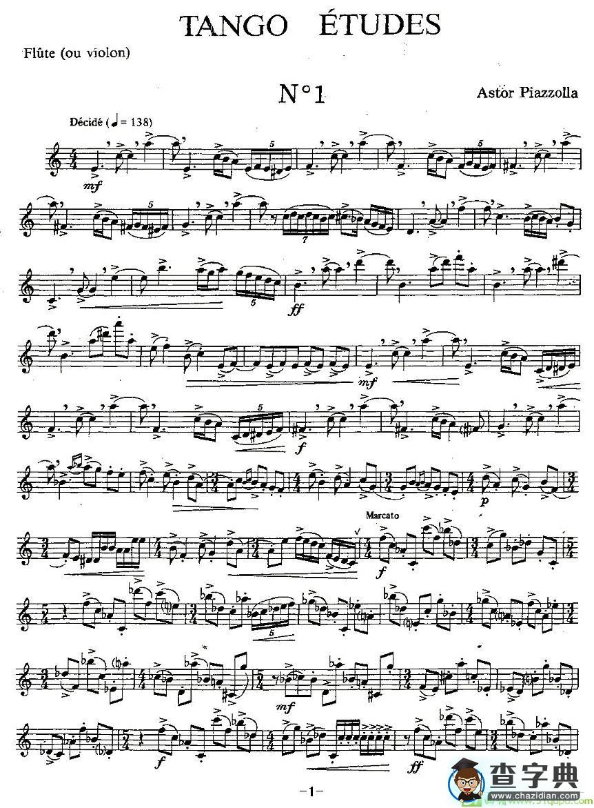 Tango Etudes 之一长笛谱(Piazzolla作曲)