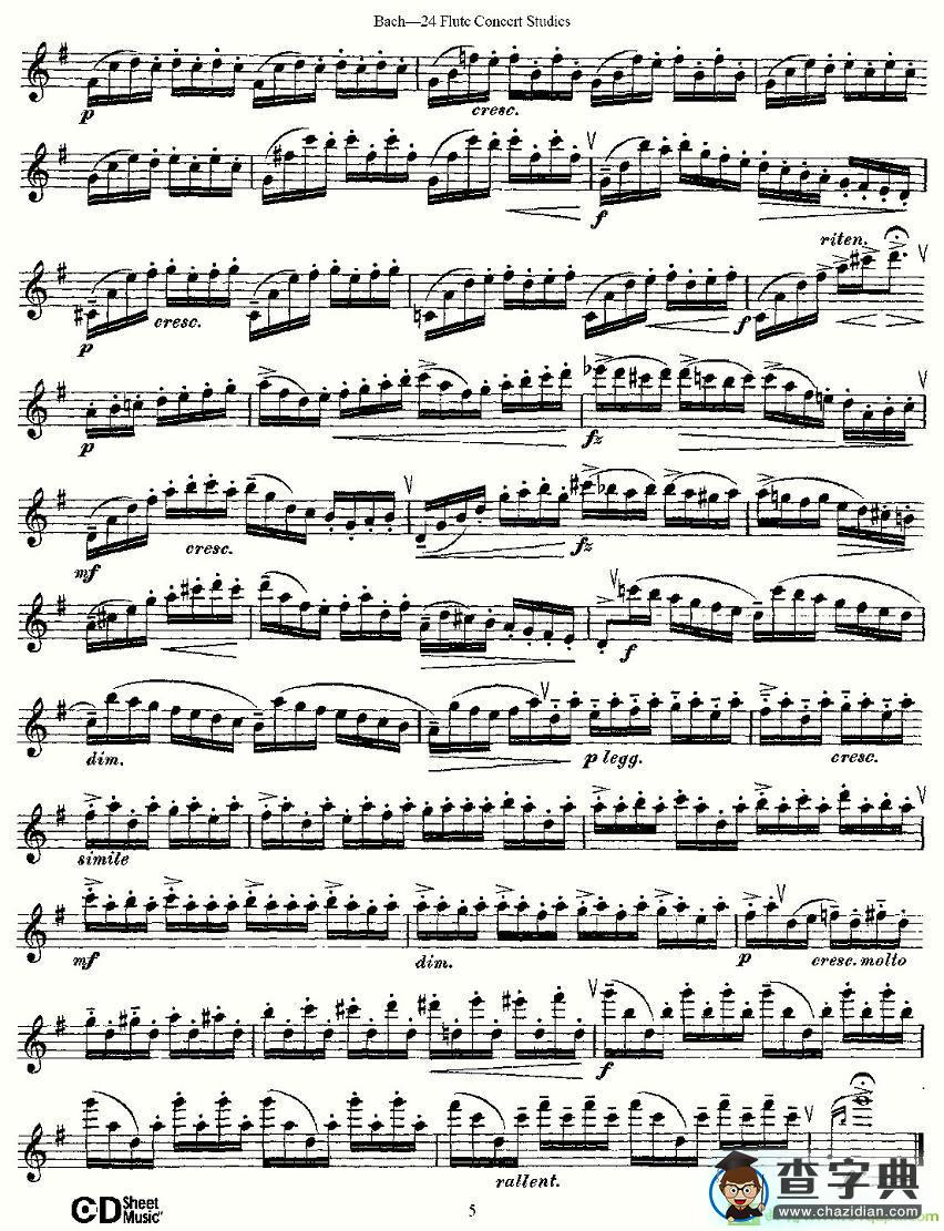 Bach-24 Flutc Concert Studies 之1—5长笛谱(Bach（巴赫）作曲)
