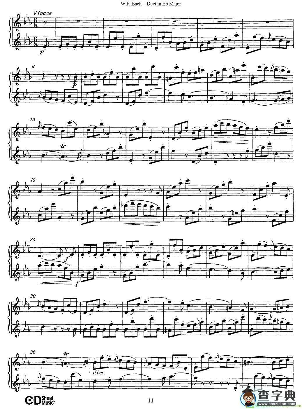 Eb大调二重奏长笛谱(W.F.Bach（作曲)