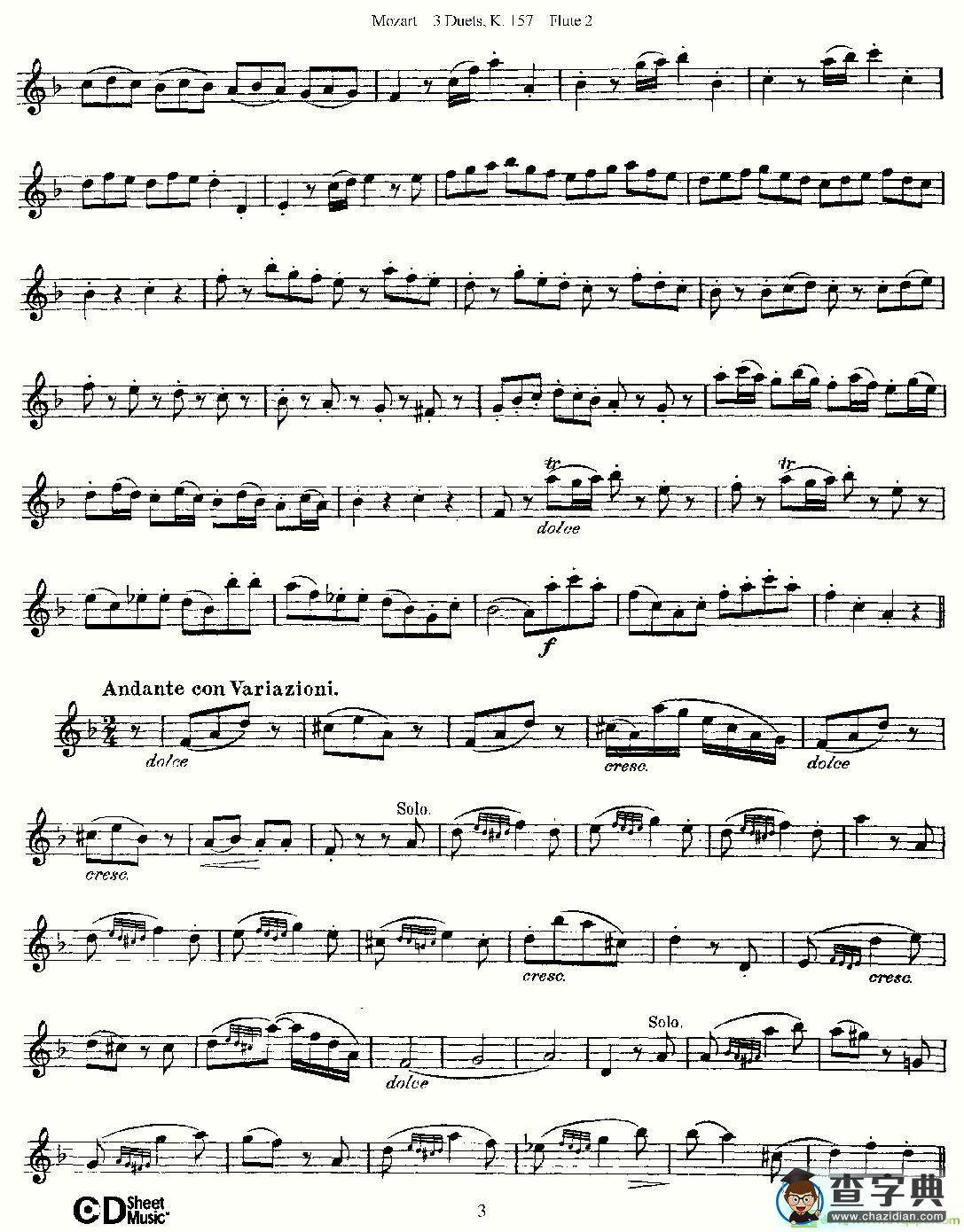 3 Duets K.157 之第二长笛长笛谱(Mozart作曲)