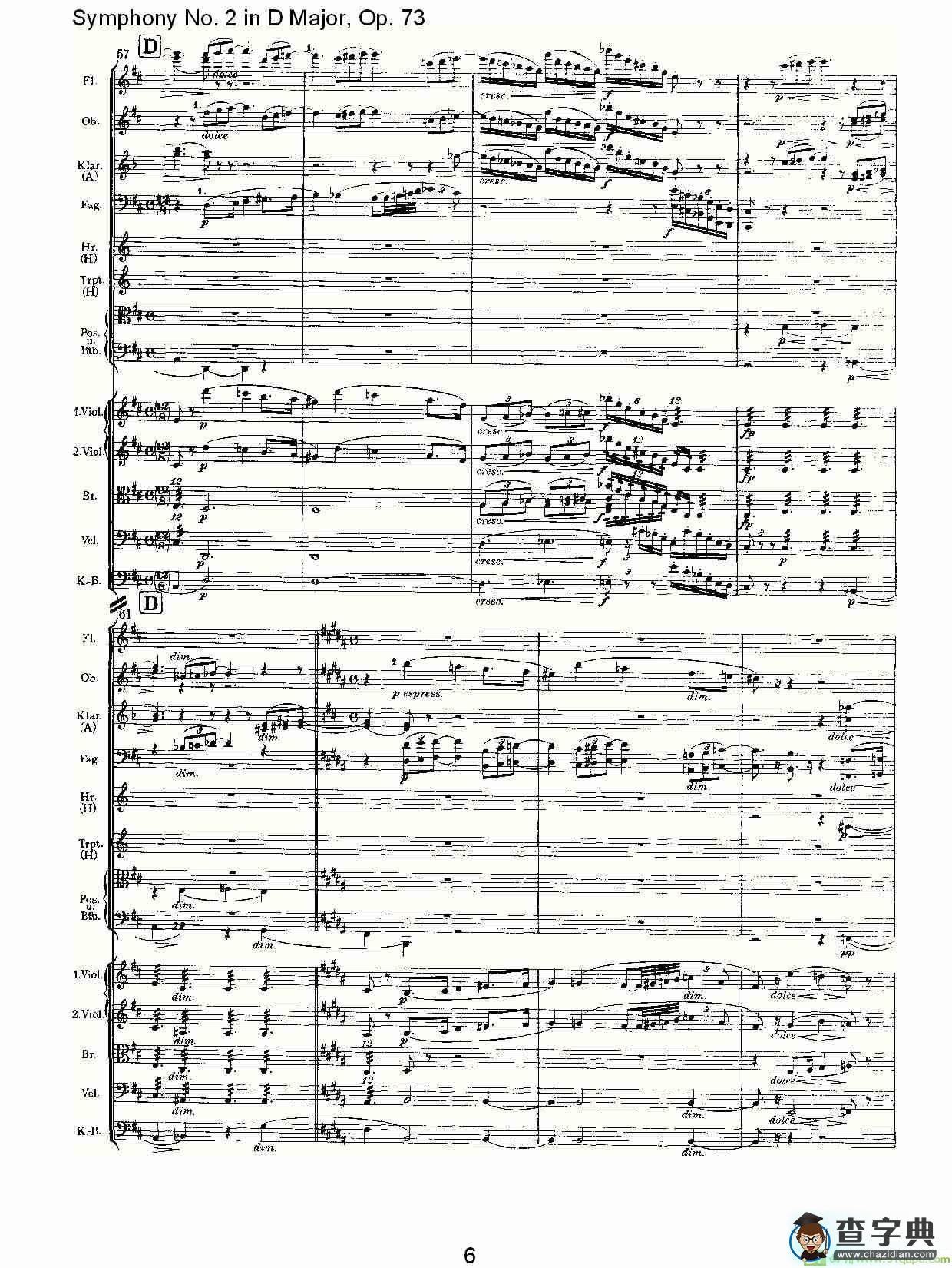 D大调第二交响曲, Op.73第二乐章简谱(约翰内斯·勃拉姆斯演唱)
