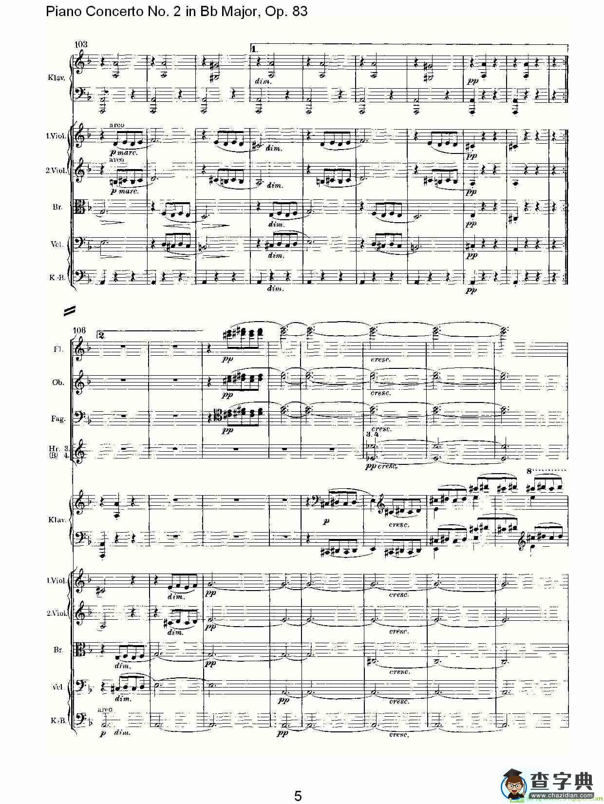 Bb大调钢琴第二协奏曲, Op.83第二乐章简谱(约翰内斯·勃拉姆斯演唱)