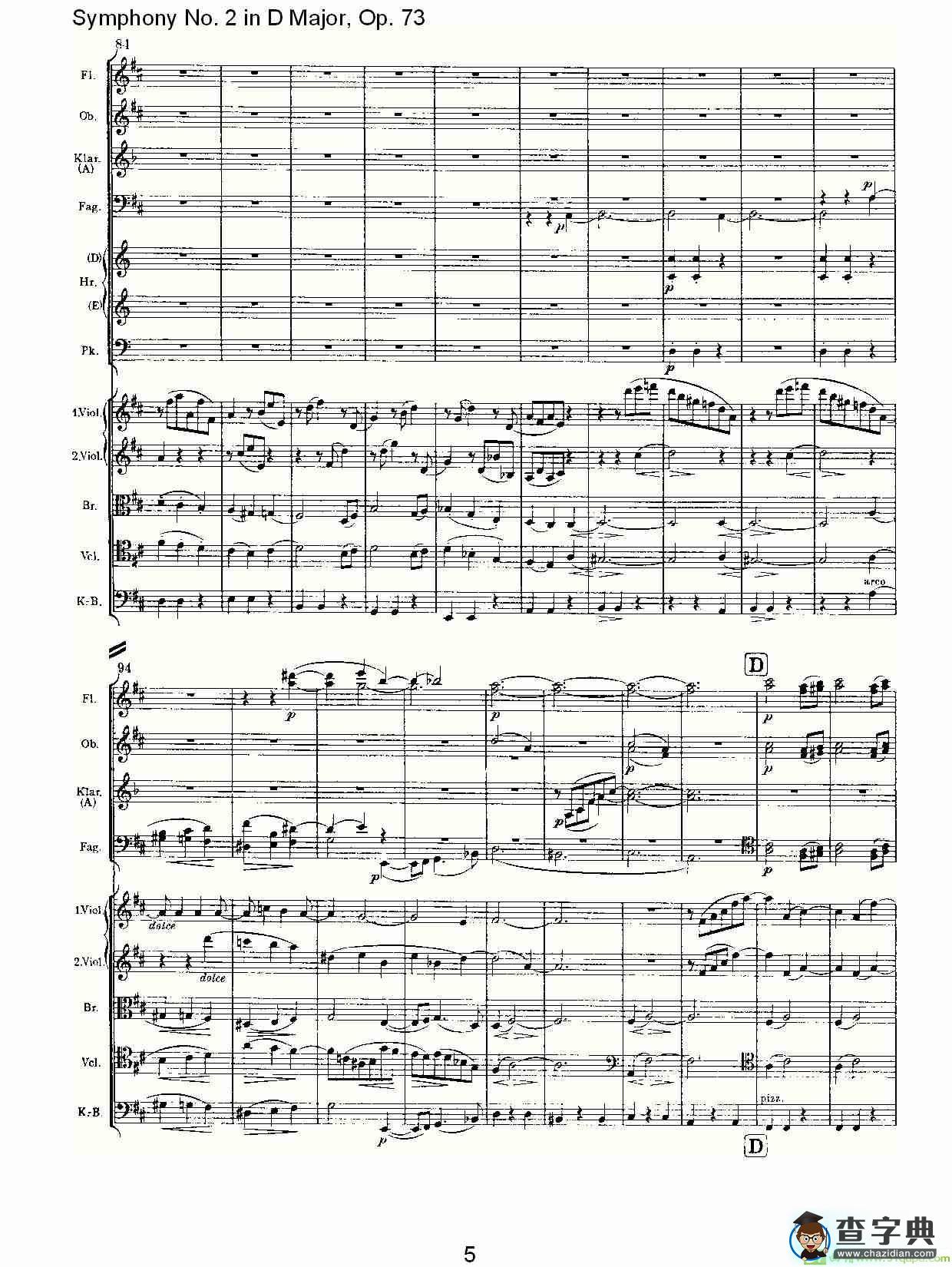 D大调第二交响曲, Op.73第一乐章简谱(约翰内斯·勃拉姆斯演唱)