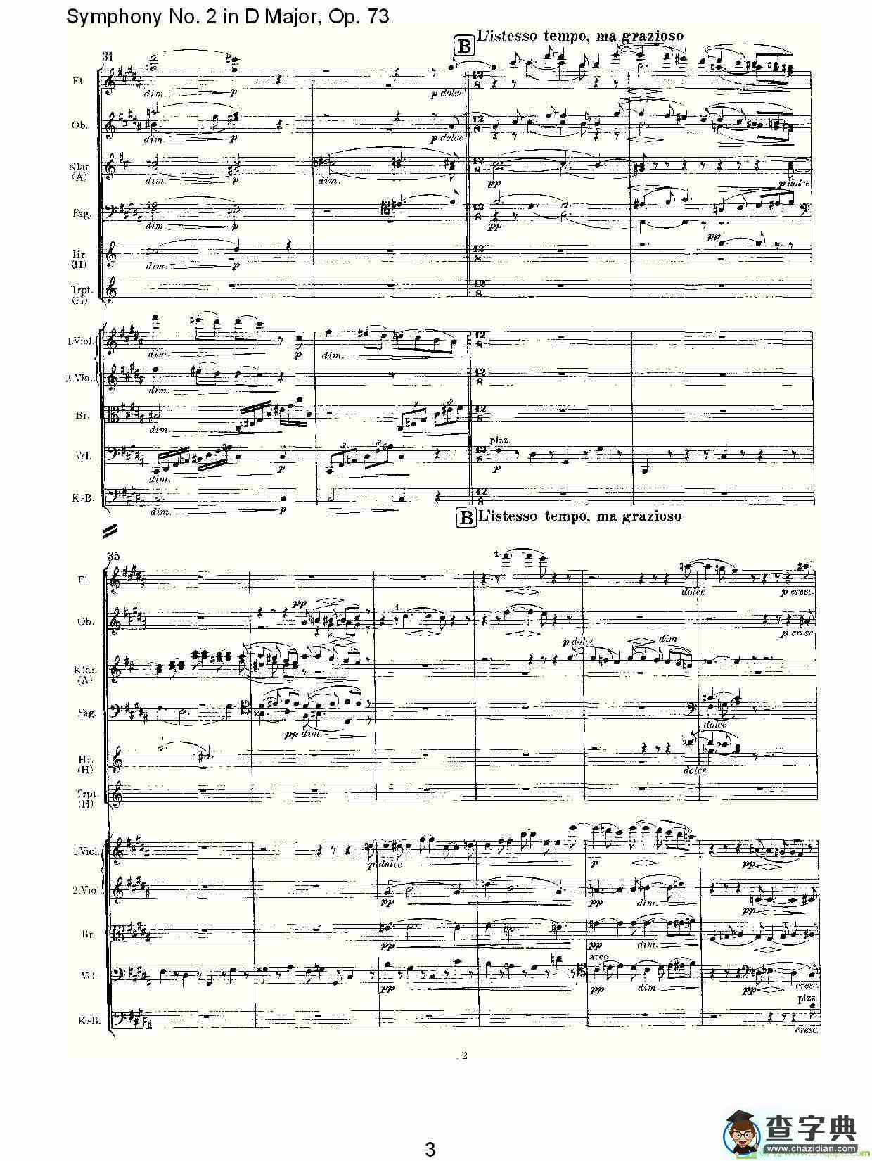 D大调第二交响曲, Op.73第二乐章简谱(约翰内斯·勃拉姆斯演唱)