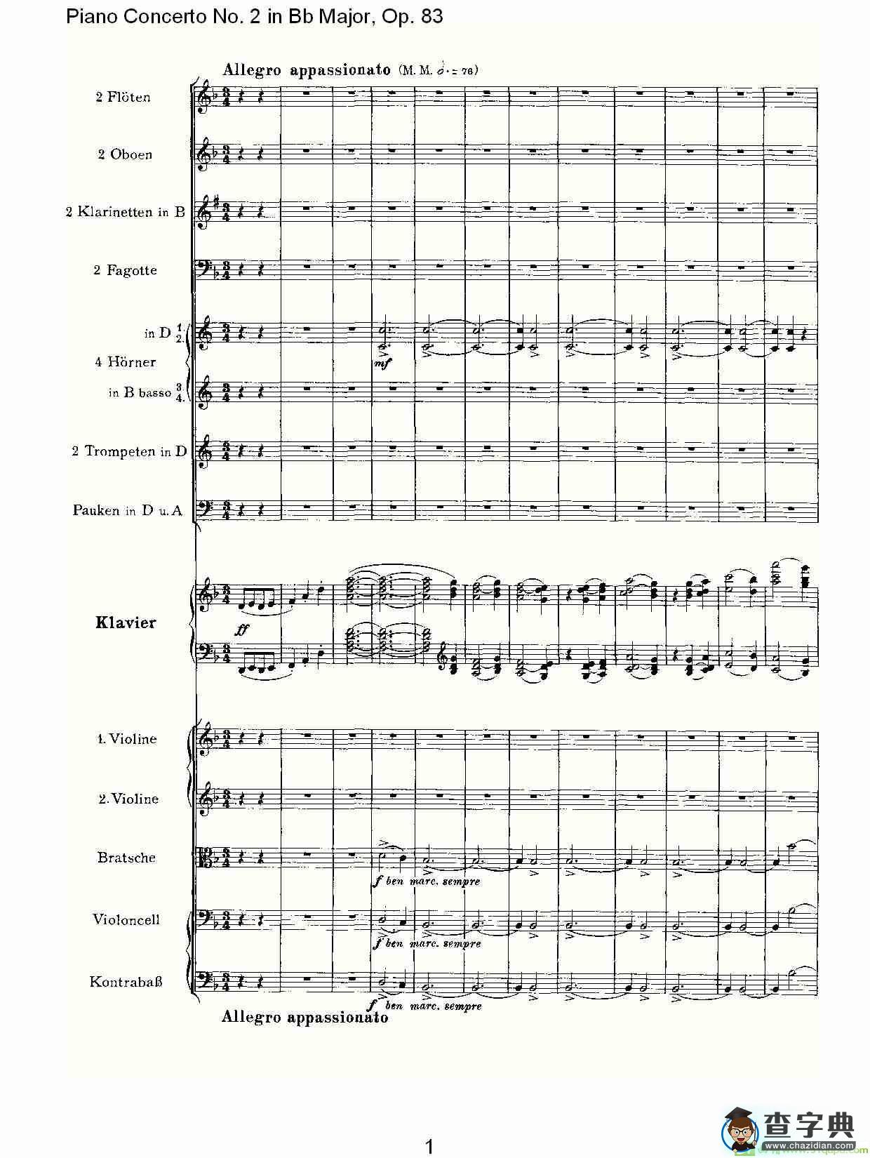 Bb大调钢琴第二协奏曲, Op.83第二乐章简谱(约翰内斯·勃拉姆斯演唱)