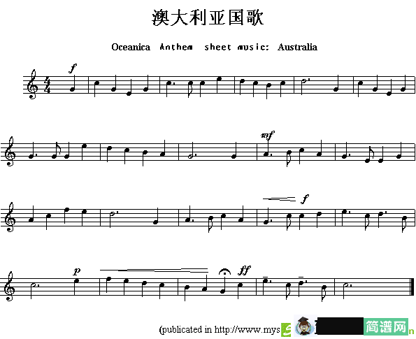 各国国歌主旋律：澳大利亚简谱