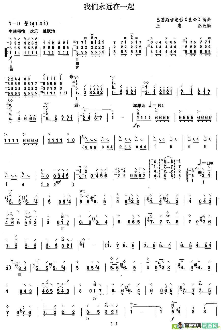 柳琴考级曲目八级：我们永远在一起简谱