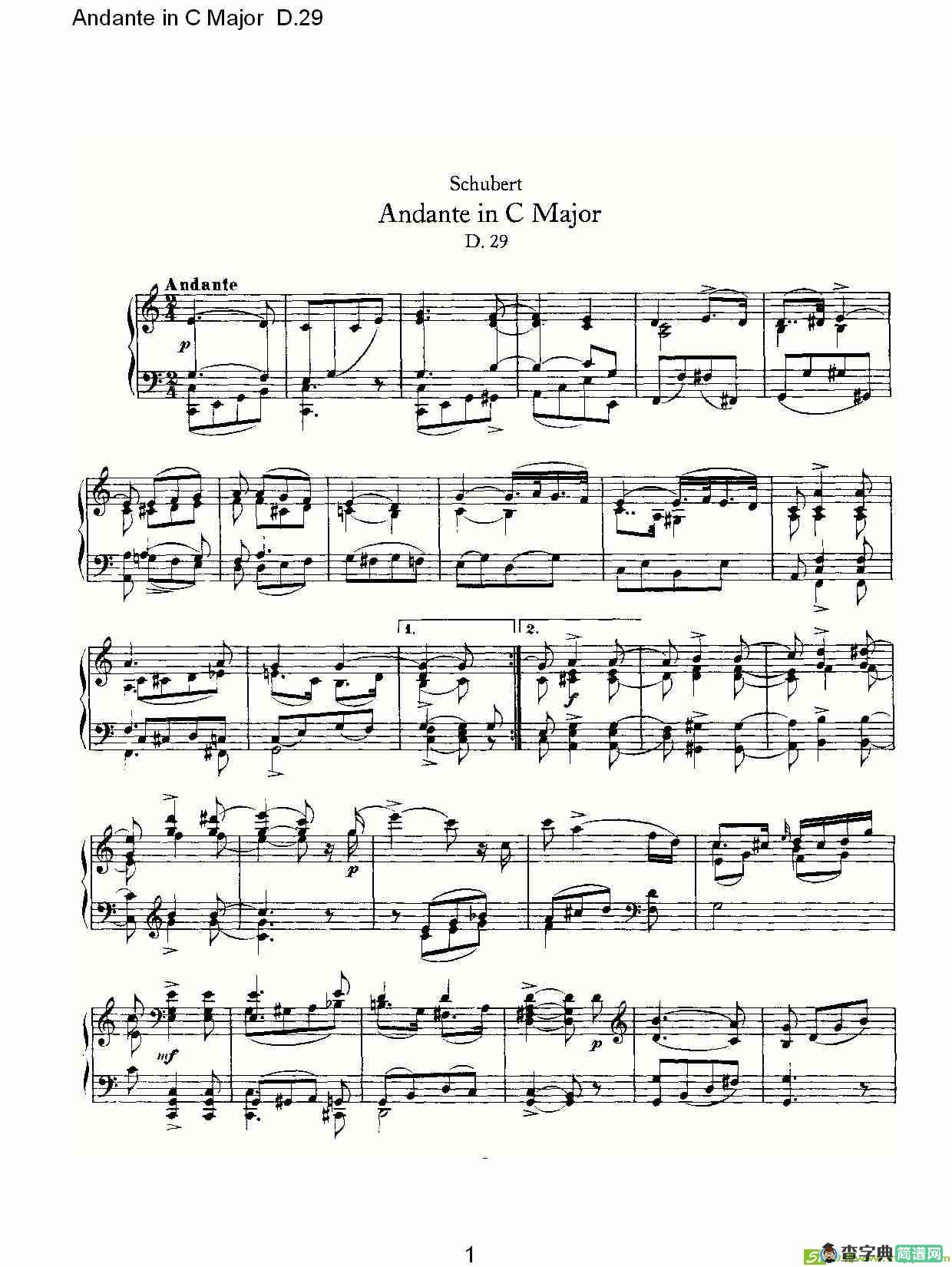 Andante in C Major D.29简谱(弗朗兹·舒柏特演唱)