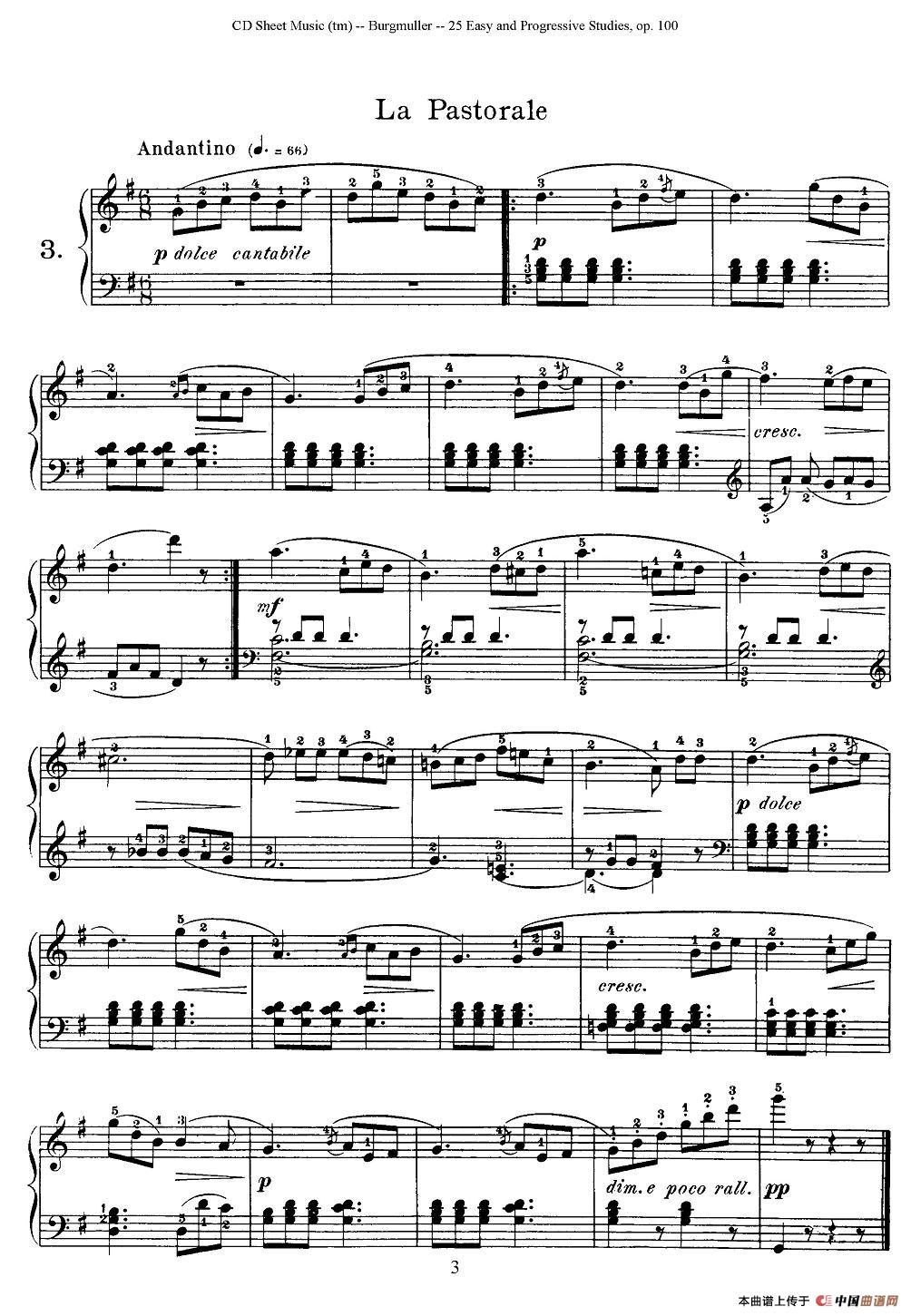 布尔格缪勒-25首钢琴进阶练习曲 Op.100（3、牧歌）钢琴谱