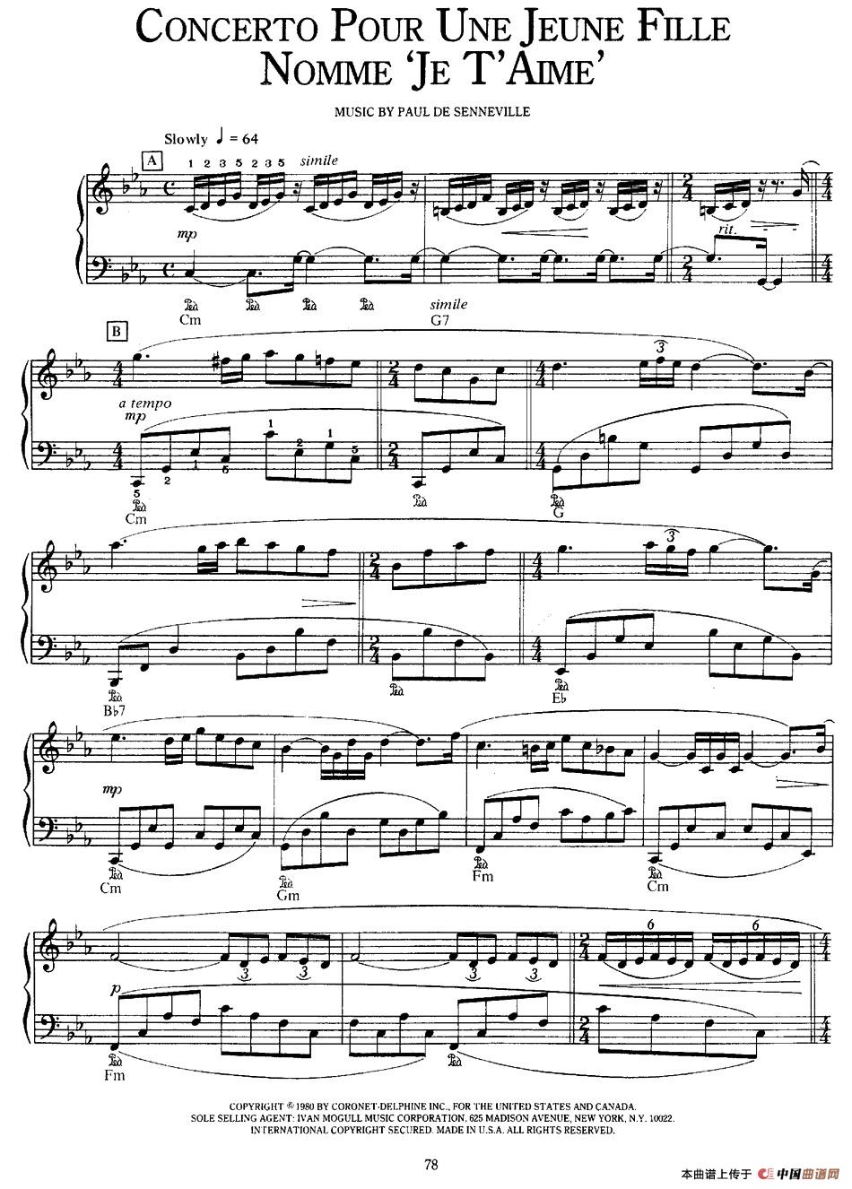 Concerto Pour Une Jeune Fille Nommee `je T`aime`钢琴谱