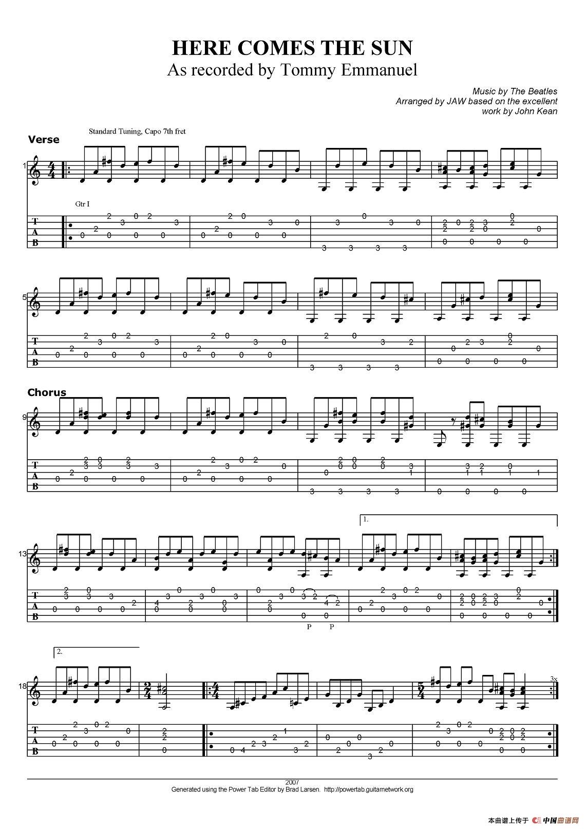 tommy emmanuel：here comes the sun（指弹吉他）吉他谱