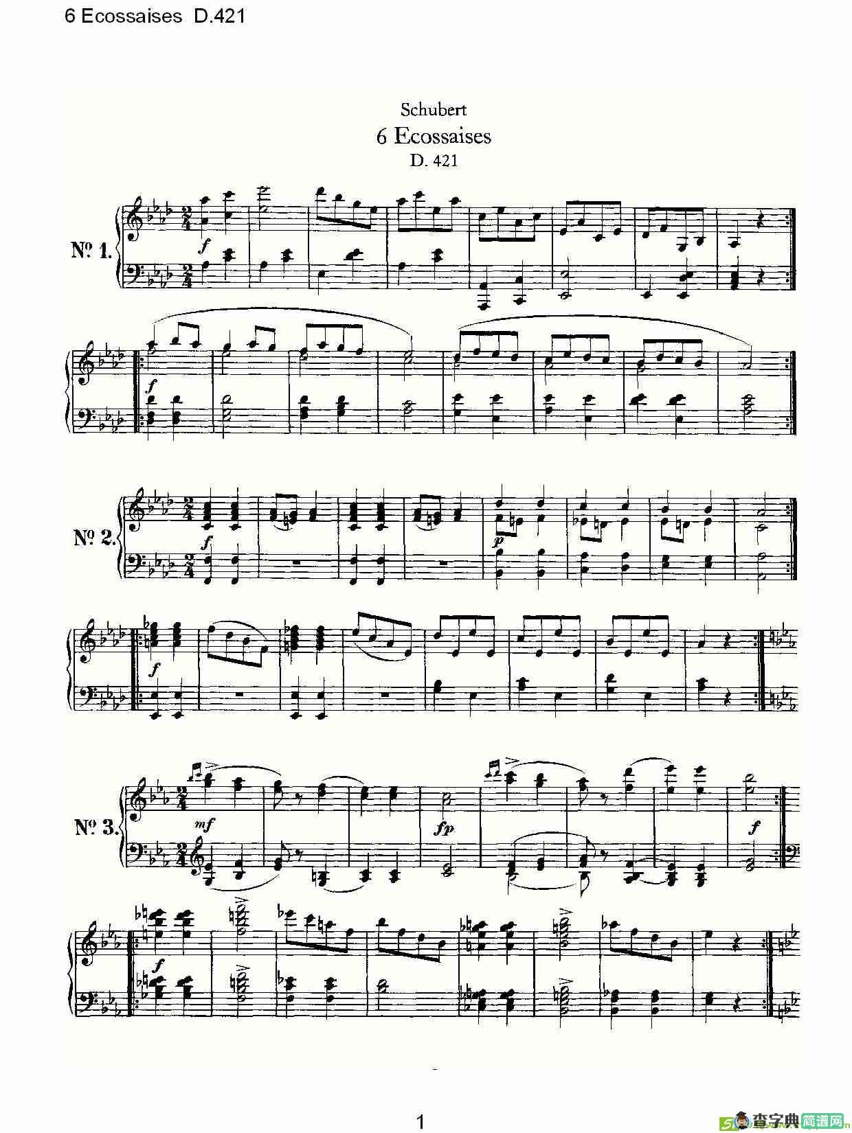 6 Ecossaises D.421简谱(弗朗兹·舒柏特演唱)