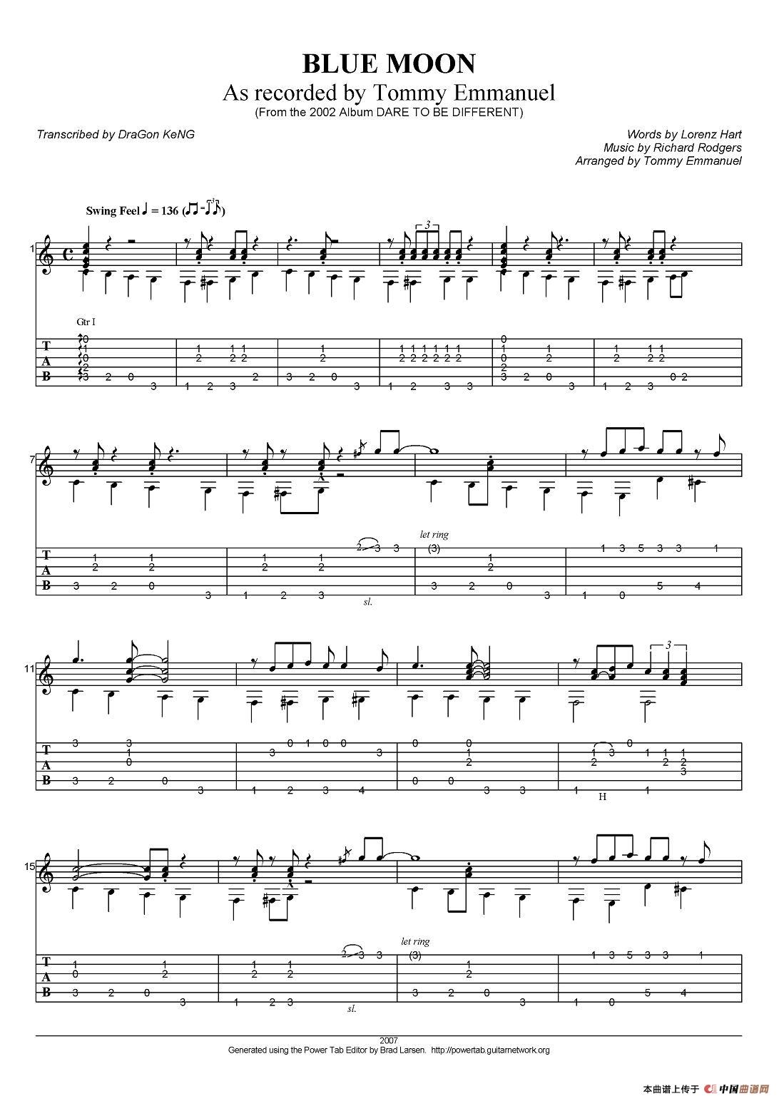tommy emmanuel：blue moon（指弹吉他）吉他谱