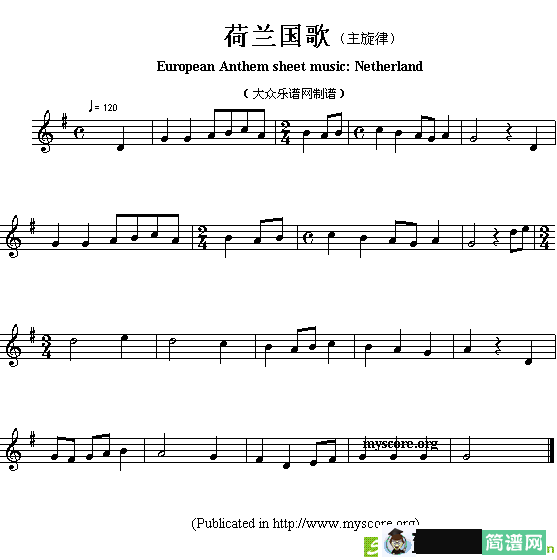 各国国歌主旋律：荷兰简谱