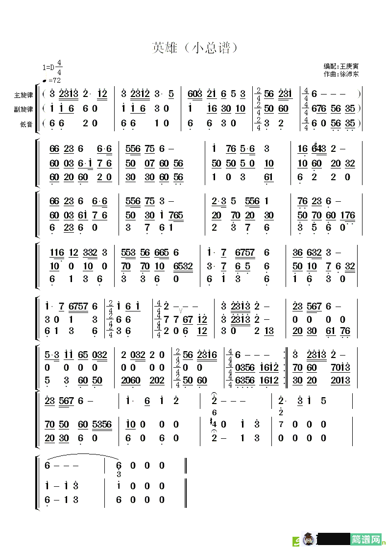 英雄简谱(徐沛东作曲)