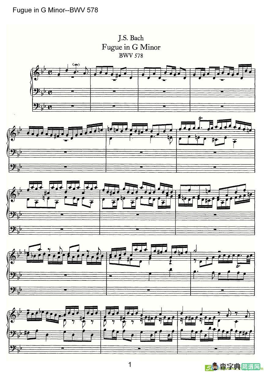 Fugue in G Minor--BWV 578简谱