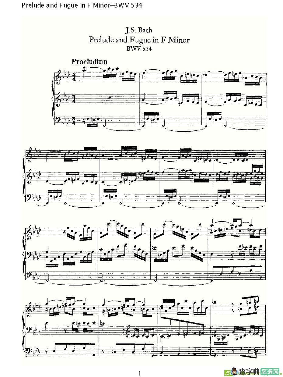 Prelude and Fugue in F Minor--BWV 534 简谱(ohann作曲)