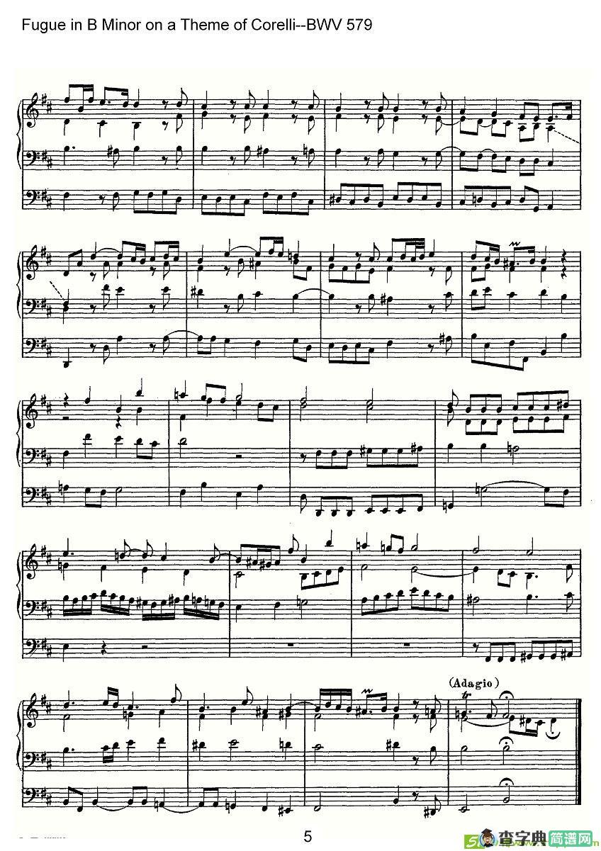 Fugue in B Minor on a Theme of Corelli--BWV 579简谱