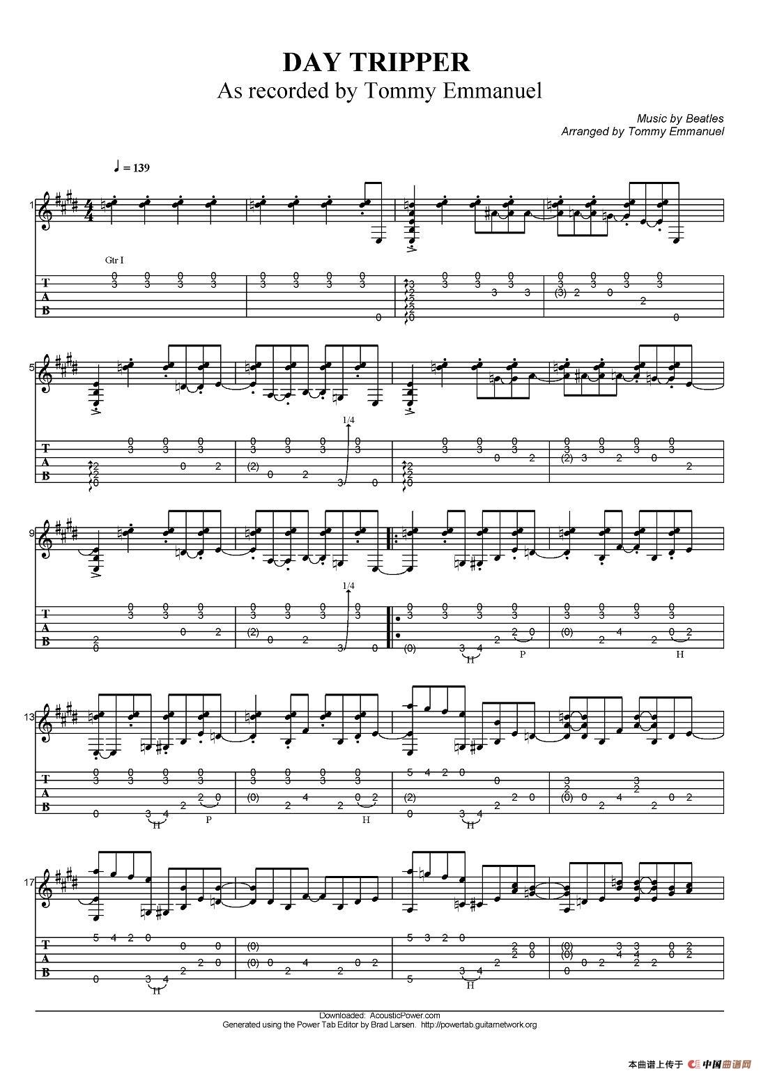 tommy emmanuel：day tripper（指弹吉他）吉他谱