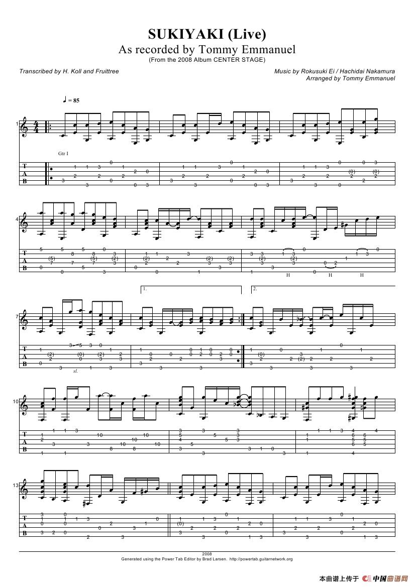 tommy emmanuel：sukiyaki（指弹吉它）吉他谱