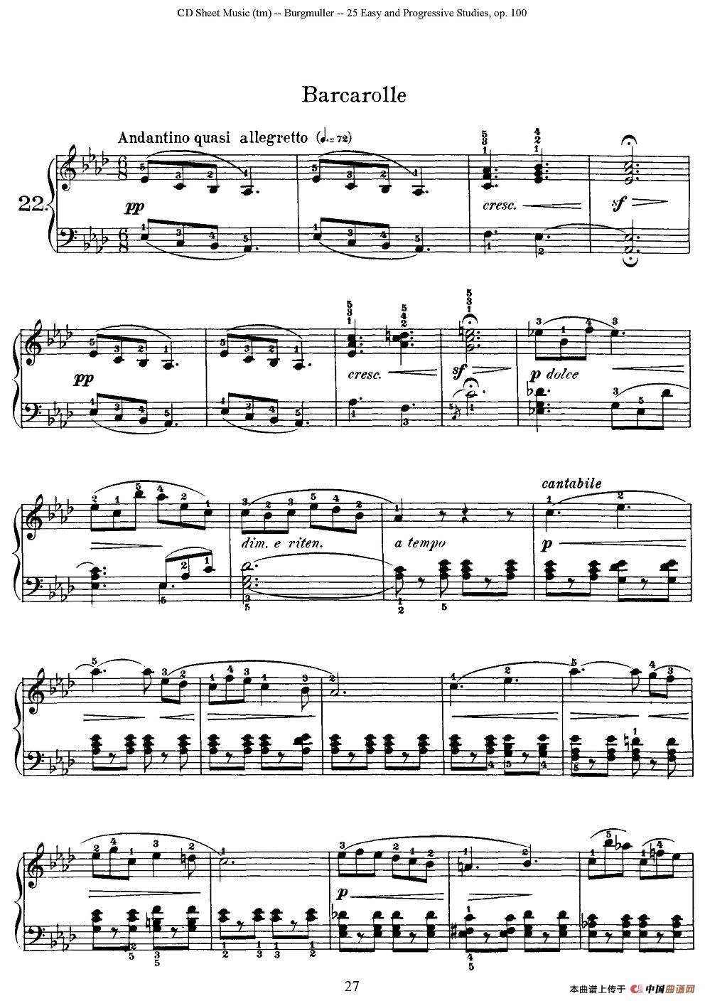 布尔格缪勒-25首钢琴进阶练习曲 Op.100（22、船歌）钢琴谱