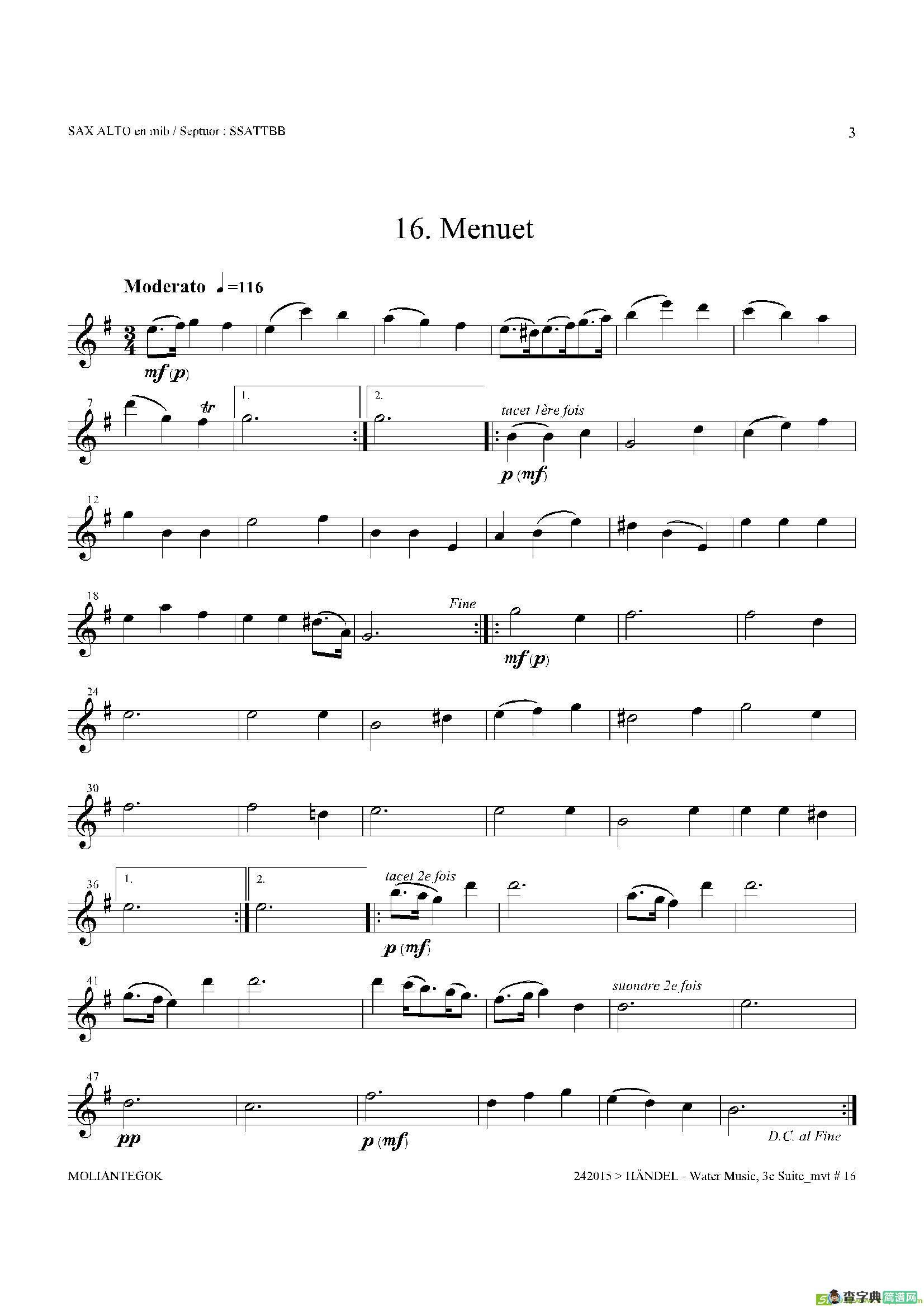 WaterMusic（HWV.350No.3）（中音萨克斯）萨克斯谱
