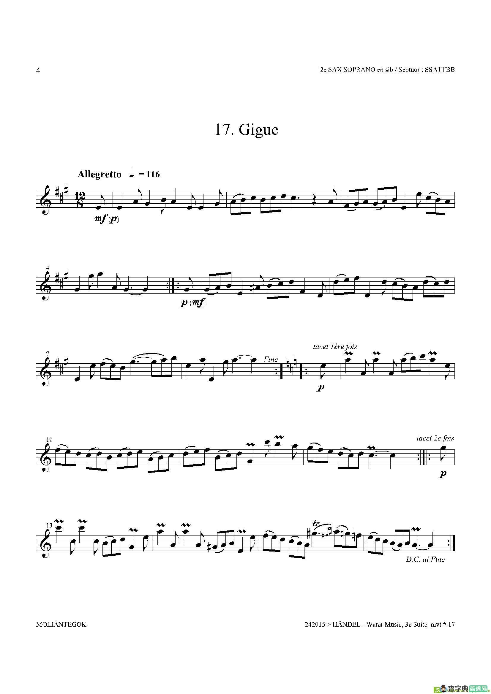 WaterMusic（HWV.350No.3）（第二高音萨克斯）萨克斯谱