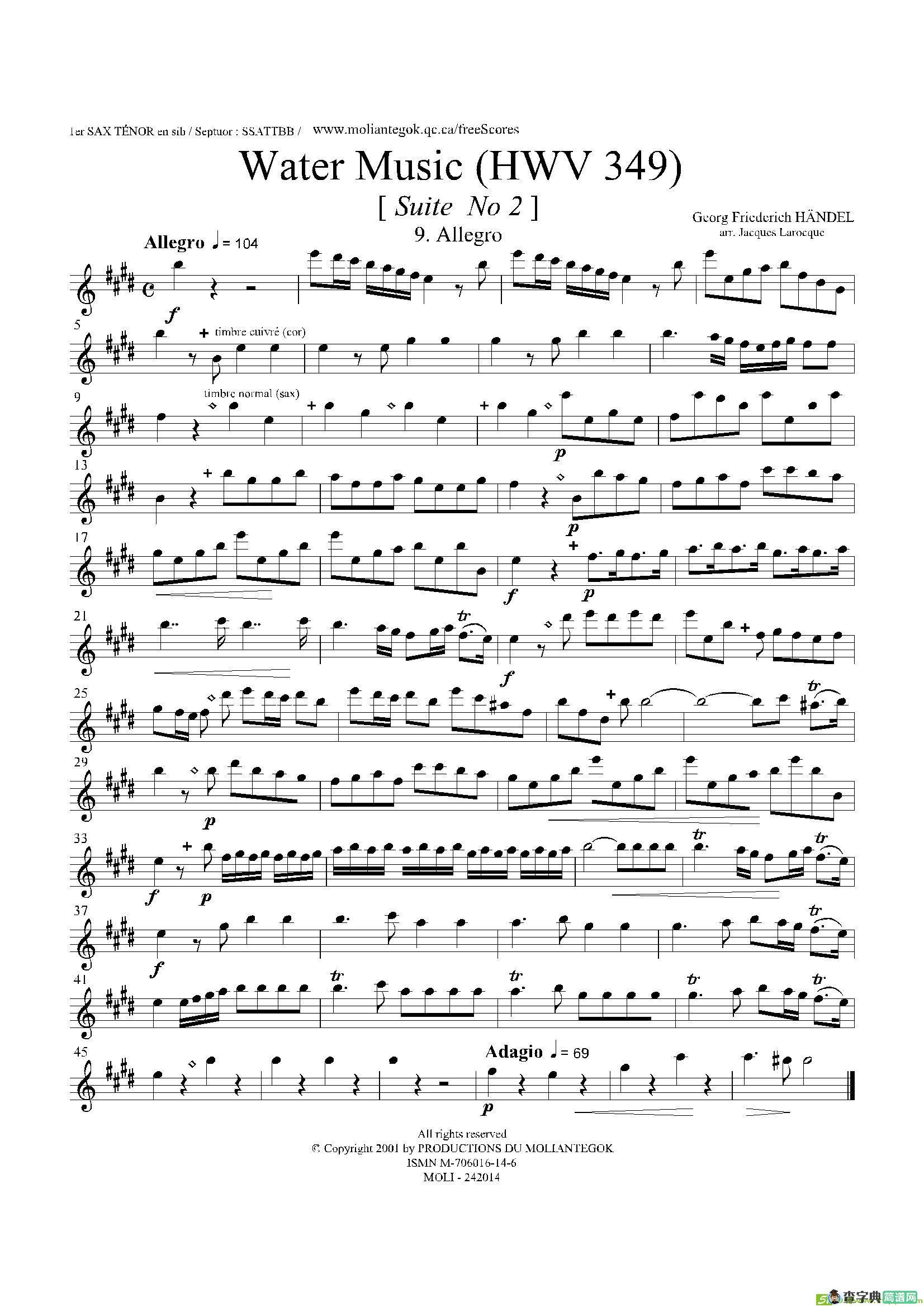 WaterMusic（HWV.349No.2）（第一次中音萨克斯）萨克斯谱