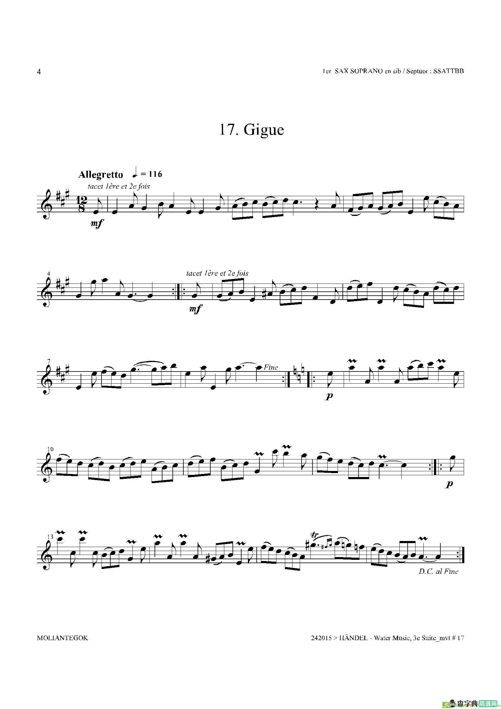 WaterMusic（HWV.350No.3）（第一高音萨克斯）萨克斯谱