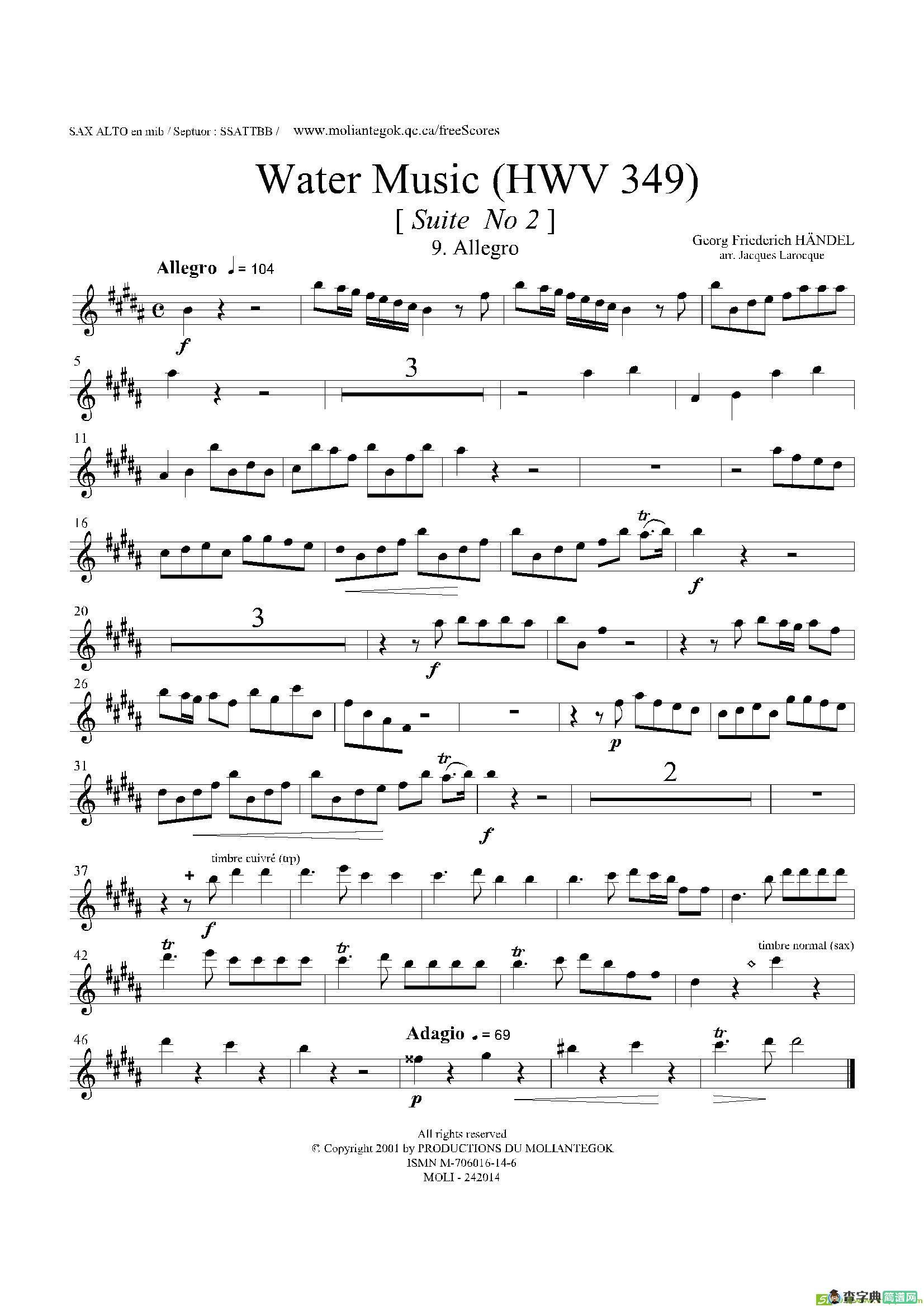 WaterMusic（HWV.349No.2）（中音萨克斯）萨克斯谱