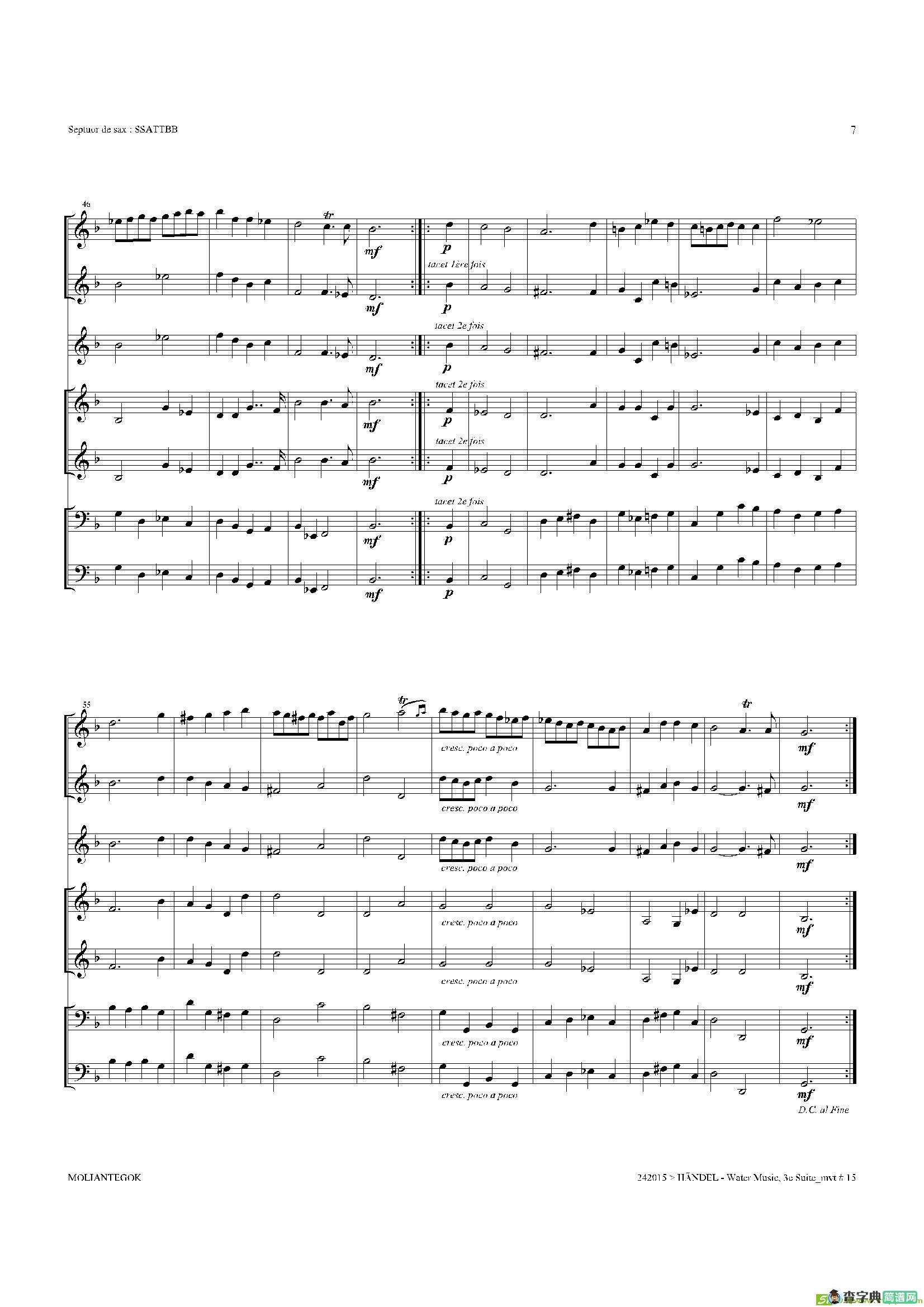 WaterMusic（HWV.350No.3）（萨克斯合奏总谱）萨克斯谱