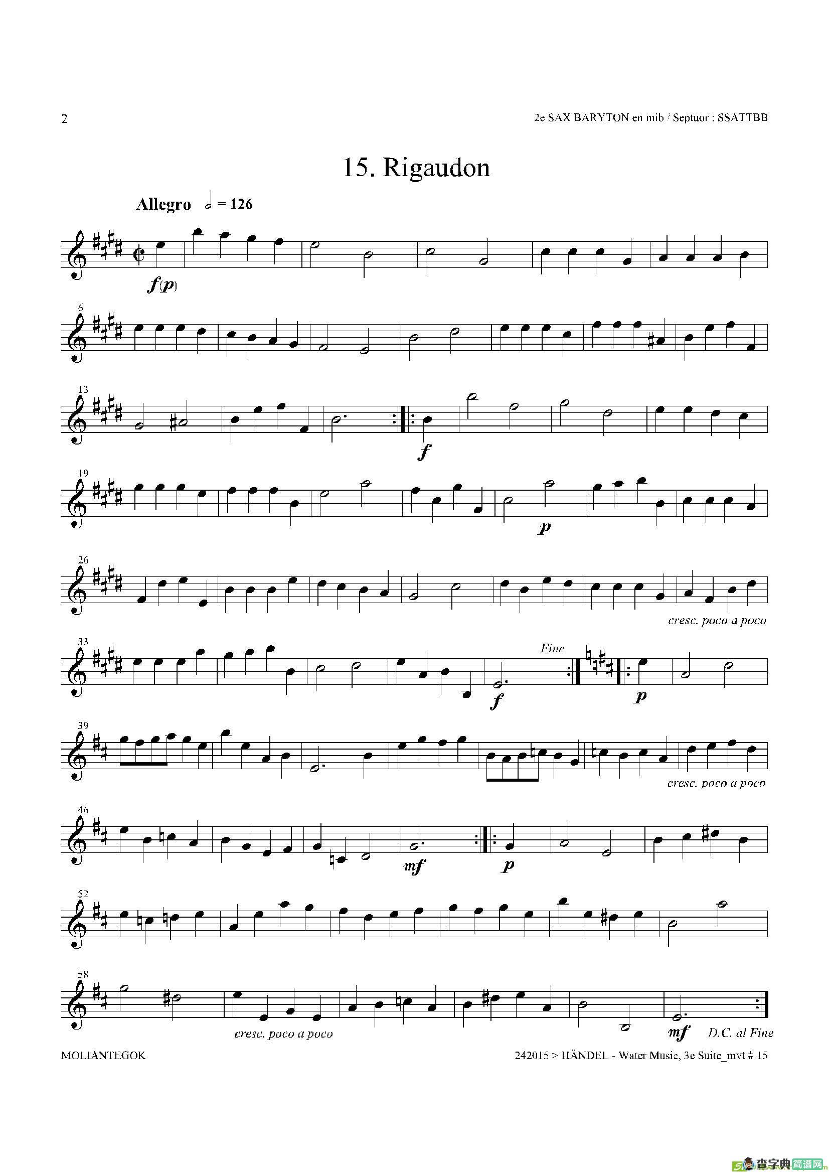WaterMusic（HWV.350No.3）（第二上低音萨克斯）萨克斯谱