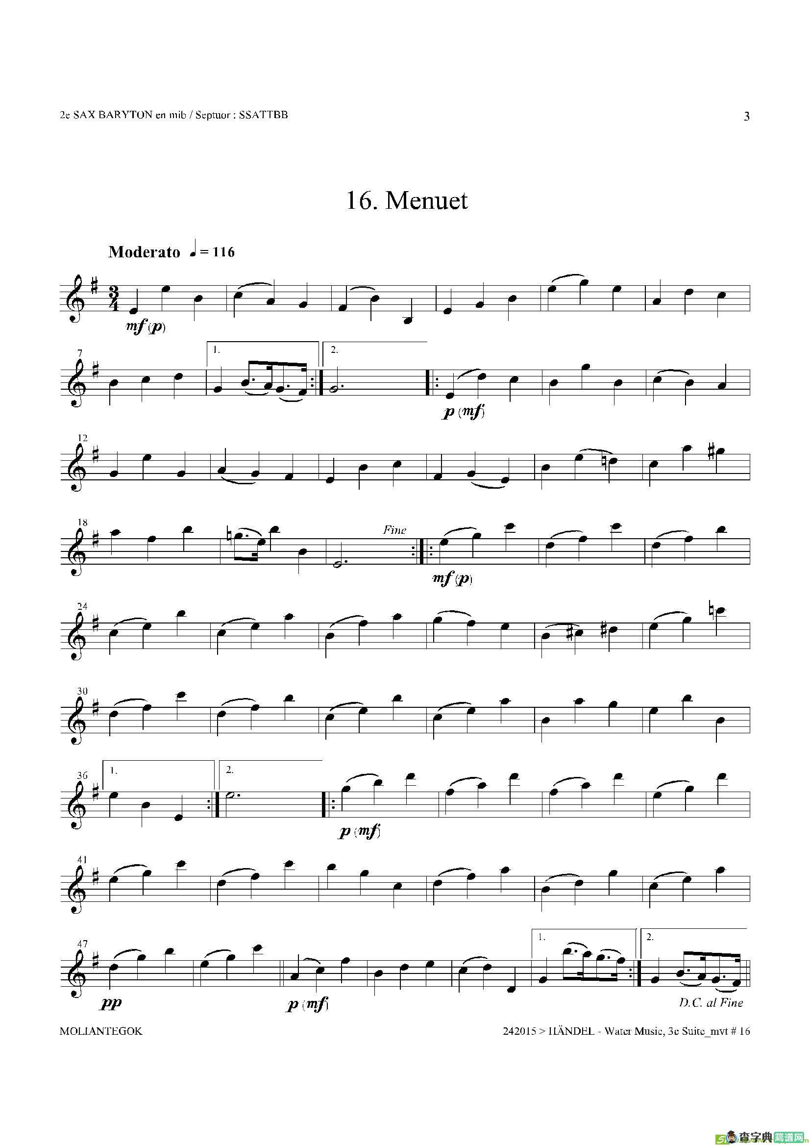 WaterMusic（HWV.350No.3）（第二上低音萨克斯）萨克斯谱